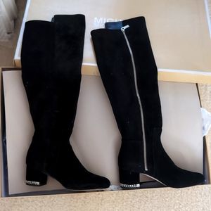 Michael Kors black suede Sabrina over the knee heel chain boots size 5.5